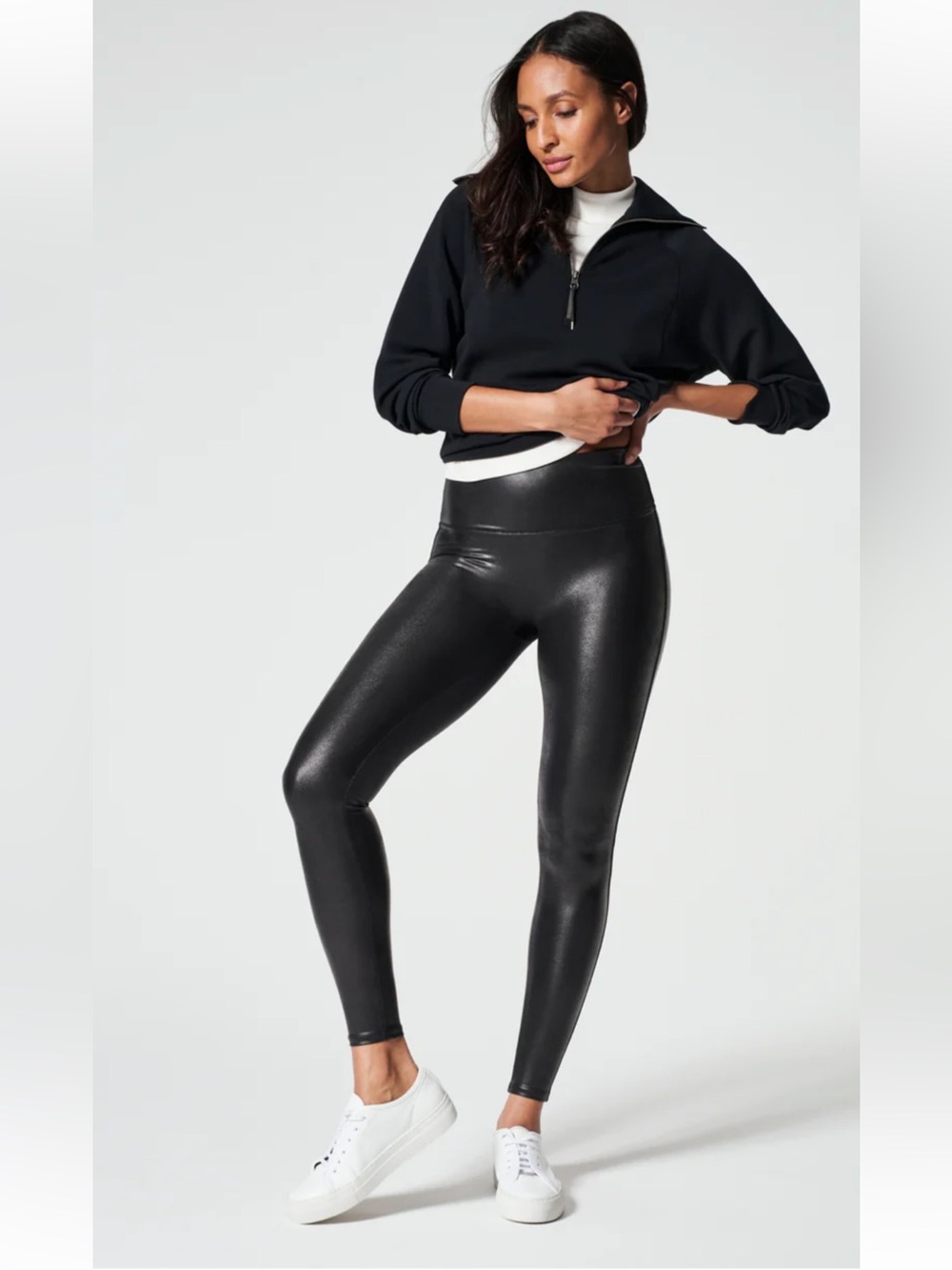 SPANX Faux-Leather High-Waist Leggings - Black - Sz Large